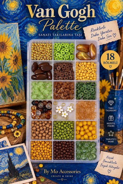 Van gogh palette 🎨 🌻 18 compartment jewelry making set - bead hobby set in green, gold, coffee and mustard tones