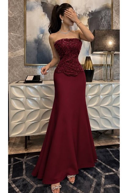 Women's Burgundy Sleeveless Corset Top Embroidered Maxi Gown Evening Dress