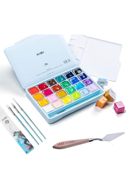 AOOK MIYA Gouache Paint Set, 24 Colors x 30ml Unique Jelly Cup Design, Portable Case with Palette for Artists, Students, Gouache Watercolor Painting (MIYA 28 Ice Blue 24+3+1DAO)
