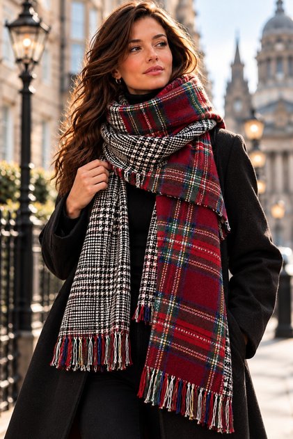DUBLIN - Reversible Burgundy-Red Oversized Winter Shawl with Scottish Plaid and Houndstooth Patterns | 76 x 190 cm | Soft-Textured, Tasseled