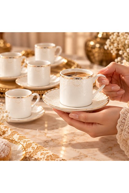 Porcelain Turkish Coffee Cups Set of 12, 6 Cups with 6 Saucers, White with Gold Elegant Design, Cup Height 6cm, Ideal for Hosting and Serving