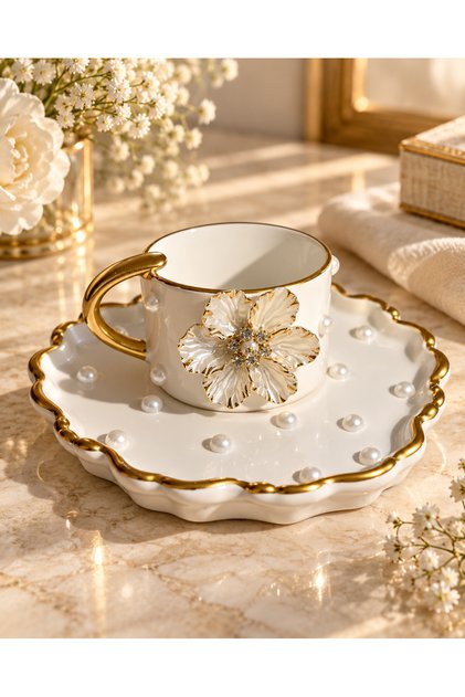 Edora Casa Pearl Detailed Embossed Floral Gold Handled Turkish Coffee Cup and Presentation Plate 90 ml