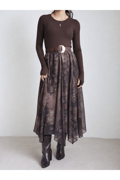 Flowers Printed Asymmetrical Chiffon Skirt - Ld - Bitter Brown