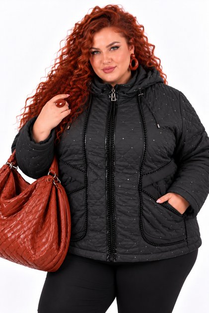 Plus Size Women's 56-60 Size Sequined Glittering Pearl Detailed Quilted Zippered Hooded Lined Coat