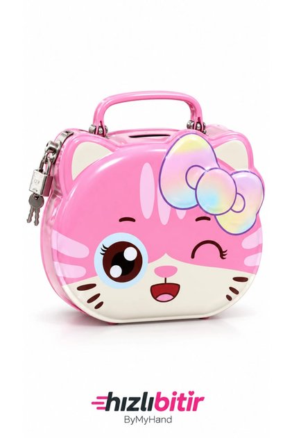Metal Pembe Kilitli Kedi Temalı Kulplu Kumbara 12 x 15Cm Model2