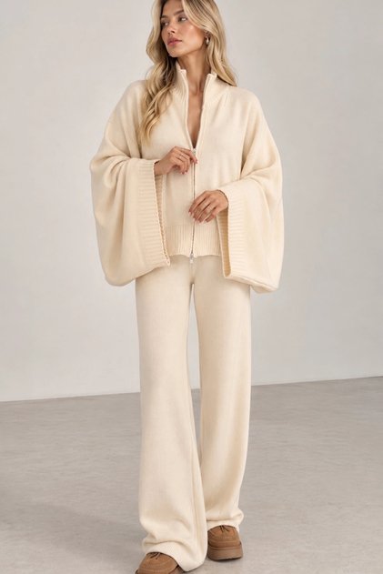 Women's Ecru Double Zipper Bat Sleeve Cardigan Wide Leg High Waist Pants Bottom Top Two-Piece Knitwear Set