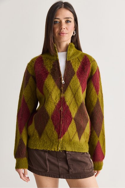 Women's Pistachio Green Diamond Patterned Stand Collar Zippered Shawl Collar Knitwear Cardigan 5243 60286702