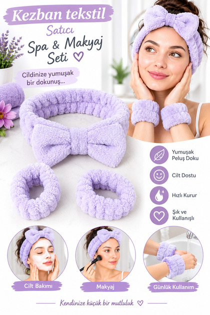 Plush Bandana with Bow and Sleeves Makeup Spa Hair Band Set of 3