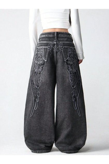 Angel Wing Embroidered Design Unisex Retro Jean Trousers