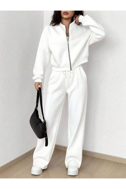 3-Piece Striped Unprinted Moon Collar Top Jacket and Wide-Leg Sweatpants Set