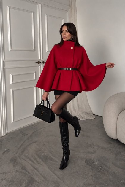 Women's Stand Collar Belted Oversized Poncho with Button Detail