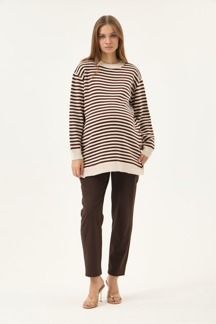 Maternity Striped Sweater, Detailed with Openable Buttons on the Sides (Beige)