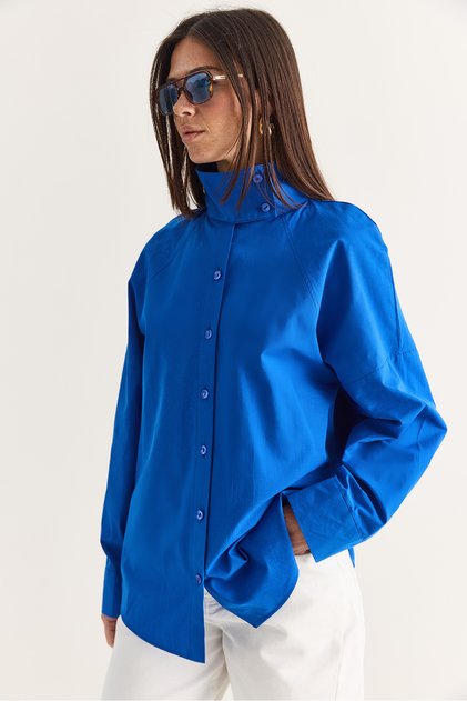 Women's Saks High Collar Buttoned Oversize Poplin Shirt 5544 60286756