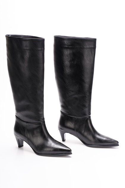 Cizme de damă din piele cu toc sub genunchi 7033 BLACK SKIN
