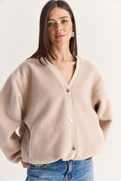 Women's Beige V-Neck Snap Button Lined Pocket Detailed Oversize Cashmere Jacket 60710 60286749