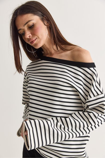 Women's Ecru-Black Striped Boat Neck Off-Shoulder Oversize Long Sleeve Sweatshirt 0490 60286741