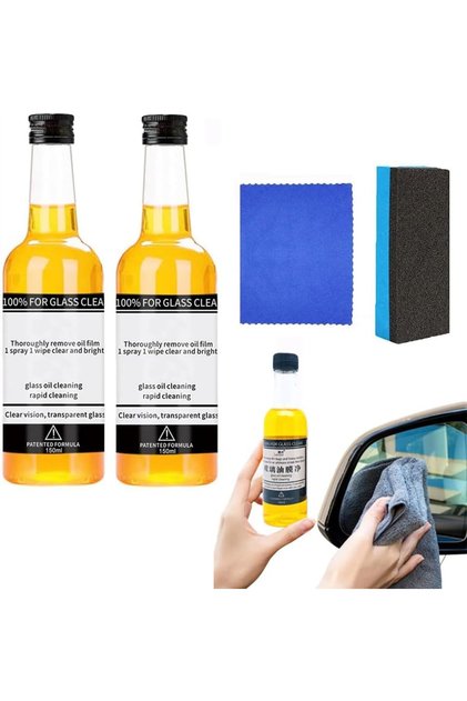 Car Glass Oil Film Cleaner Set -Includes Oil Film Remover, Cleaning Brush & Wipes, Clear Windshield, Prevents Water Droplets & Stains, Suitable for Auto & Home Glass (2PCS)