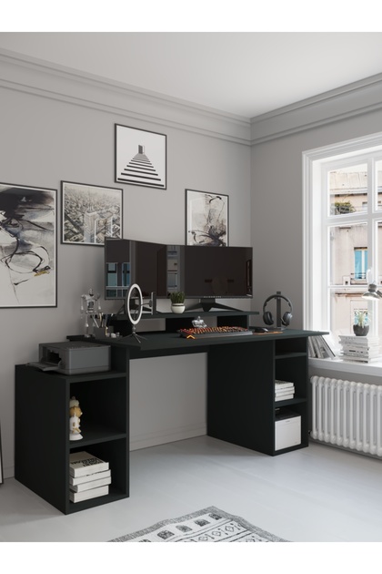 Antrasit Monitör Yükselticili Çalışma Masası 140 x 75 cm Suntalam Yan Raflı Bilgisayar Masası Ev Ofis ve Genç Odası için Modern Ders Çalışma Masası nmasa3-4