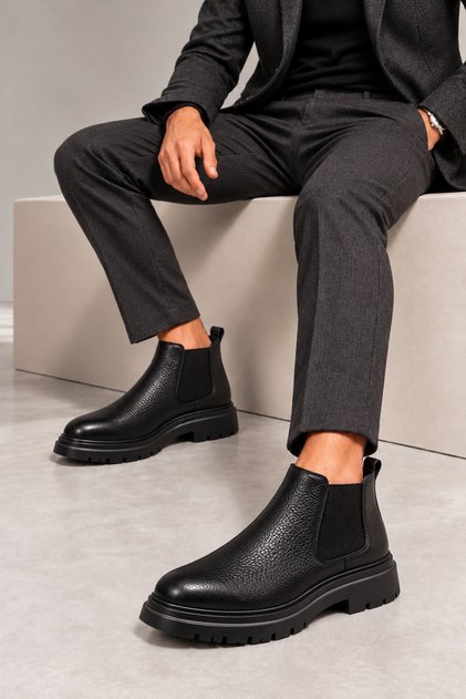 Black Leather Elastic Thick Sole Casual Chelsea Winter Boots