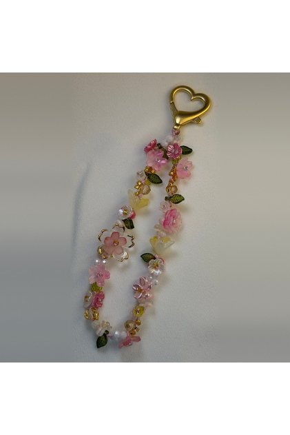 Rose Bloom Pembe Çiçekli Kalp Kilitli El Yapımı Telefon Çanta Aksesuarı