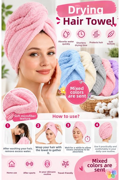 (1Pcs)Plush Long Microfiber Hair Drying Towel Bonnet High Absorbent Soft Textured Practical Hair Towel Mixed Color