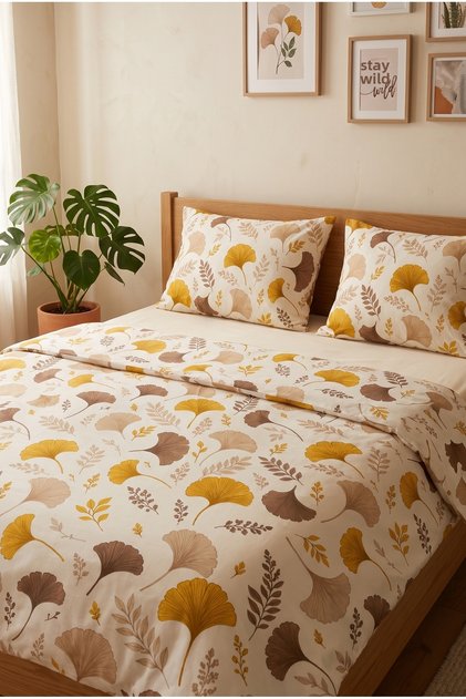 Ginkgo Patterned Double Duvet Cover Set |   Cotton |   1 Piece of 200X220 cm Duvet Cover, 2 Pieces of 50X70 cm Pillowcases |   Stylish and Elegant