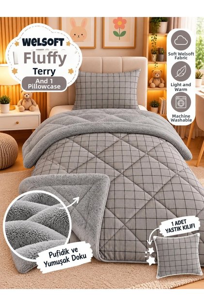 Single Double-Sided Premium Welsoft Quilt with Pillowcase Smoked Square