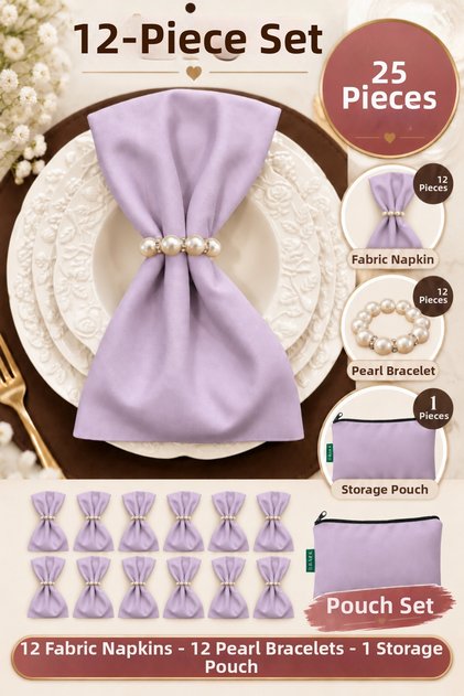 Lavender Set of 12 Fabric Napkins 45X45Cm | 25 Pieces with Pearl Ring and Bag | Guest House and Dowry Tableware Presentation Napkin
