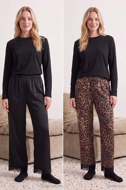 Siyah-Kahverengi 100% Polyester Düz Saten Dokuma Pijama Altı THMAW27PJ00008