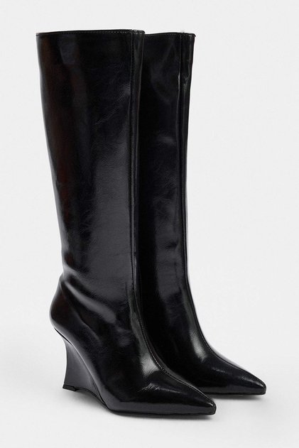 Black 8.5 cm Pointed Toe Women's Wedge Heeled Boots Takaw27Cz00027