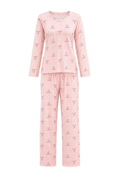 Pembe Çizgili ve Kurdele Fiyonk Desenli Örme Pijama Takımı THMAW27PT00291