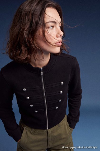 Siyah Fermuarlı Dik Yaka Mandarin Düğme Detaylı Regular Kalıp Örme Hırka/Sweatshirt TWOAW27SW00036