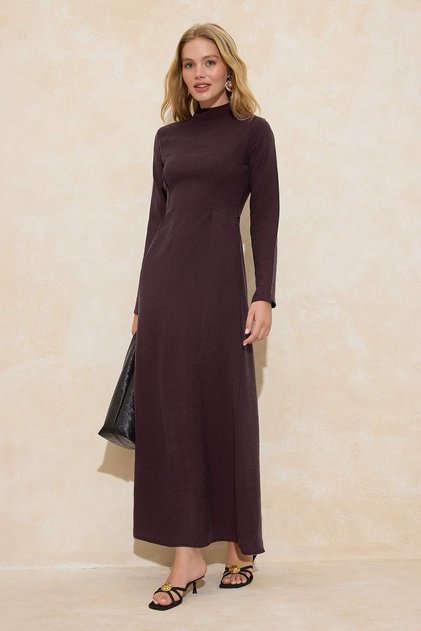 Burgundy Shift/Straight Cut Maxi Woven Hijab Dress Tctss26Eb00004