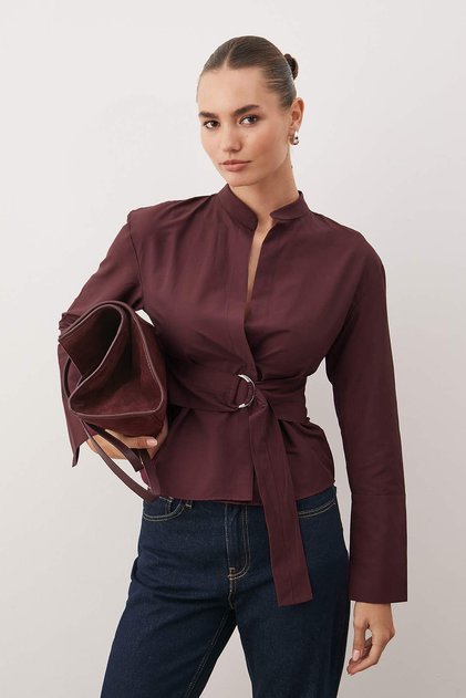 Burgundy Belted Adjustable Shirt with Front Snap Buttons TWOAW26GO00067