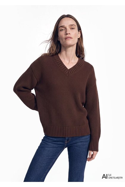 Silk Blend V-Neck Brown Sweater Regular Fit / Normal Cut 1710923-70236