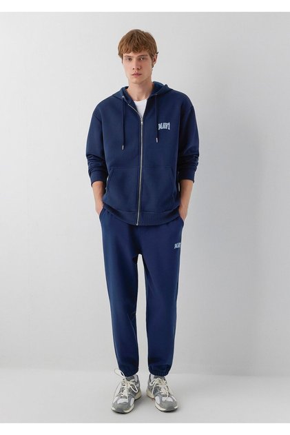 M0611715 Logo Printed Hooded Zippered Men's Sweatshirt Dark Blue