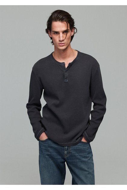 Half Button Long Sleeve Anthracite T-Shirt Slim Fit / Narrow Cut 0620261-82908