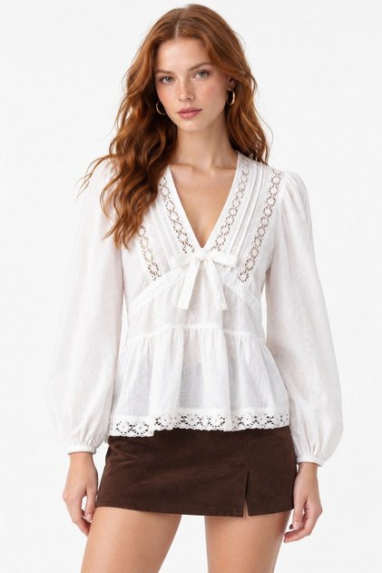 White V-Neck Openwork Lace Striped Flounce Vintage Blouse