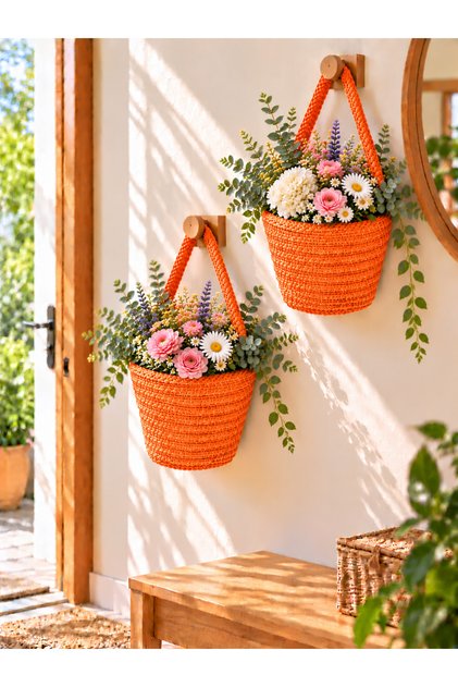Saksılık Mini Dekoratif Sepet 2'li Mini Çiçeklik 12x10 Cm(BİTKİLER VE AHŞAP ASKILAR DAHİL DEĞİLDİR)