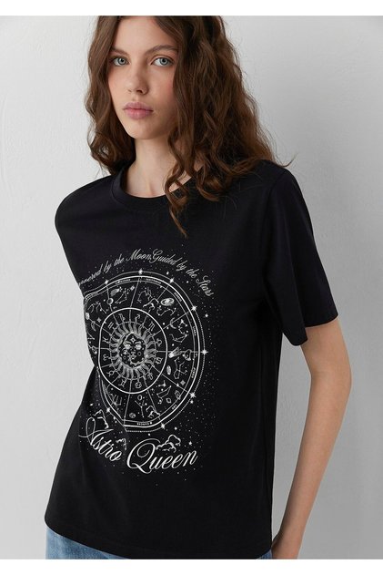 Astroloji Baskılı Siyah Tişört Regular Fit / Normal Kesim 1614167-900