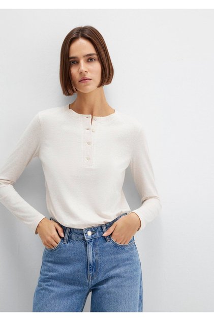Düğmeli Uzun Kol Ekru Tişört Slim Fit / Dar Kesim 1614045-91336