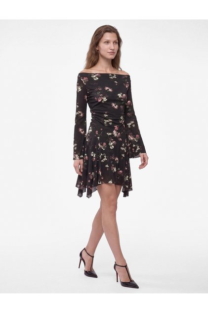 Boat Neck Off the Shoulder Long Sleeve Floral Asymmetrical Cutout Mini Dress