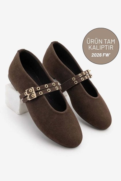 Women's Double Strap Studded Casual Ballerinas Bekosa Brown Suede
