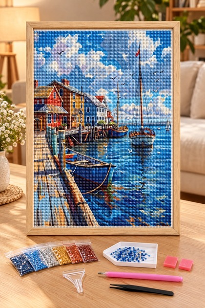 Diamond painting puzzle kit, sailboat in the harbor and wooden pier 40x50 cm mosaic