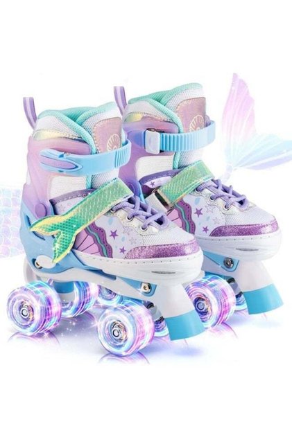 Adjustable Roller Skates - Purple-Blue Little Mermaid Roller Skates Suitable for Girls Aged 3 to 12, For Beginners Both Indoors and Outdoors, with Lighting Effects(S)