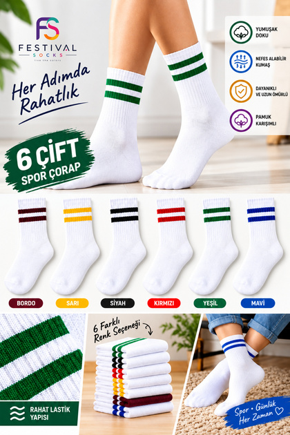 6 çift Unisex çizgili pamuklu tenis kolej çorap seti