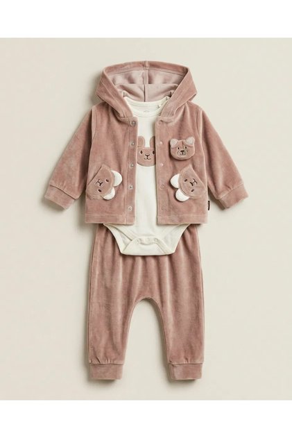 Teddy Bear Embroidered 3-Piece Baby Boy Set Velvet 100% Cotton Fabric 0-3 Months 3-6 Months 6-9 9-12 Months Baby Set Jacket+Zibın+Pajamas Newborn Baby Set 100% Cotton Winter Baby 3-Piece Set