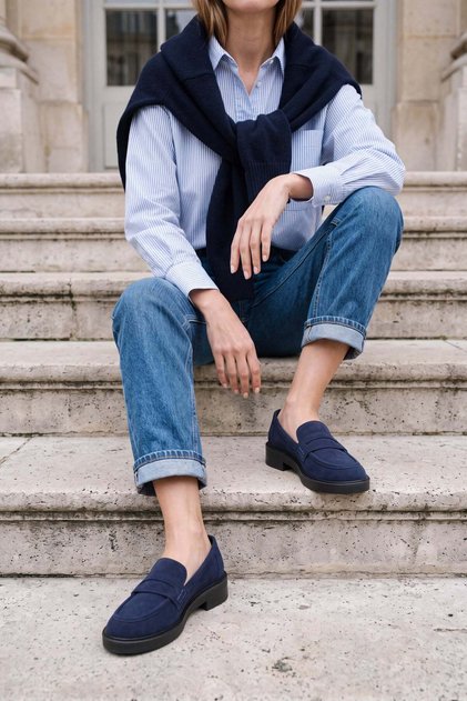 Women's Loafer Daily Classic Shoes Casual Moccasin Fonle Navy Blue Suede