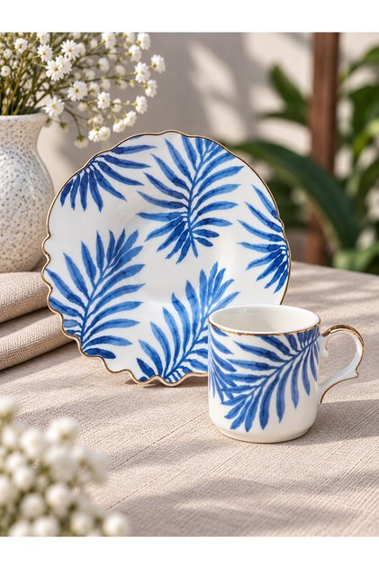 Set of 6 Porcelain Blue Palm Coffee Cups