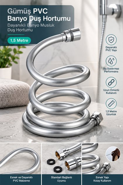 Gümüş Pvc Banyo Duş Hortumu Dayanıklı Banyo Musluk Duş Hortum 1,5 Metre
